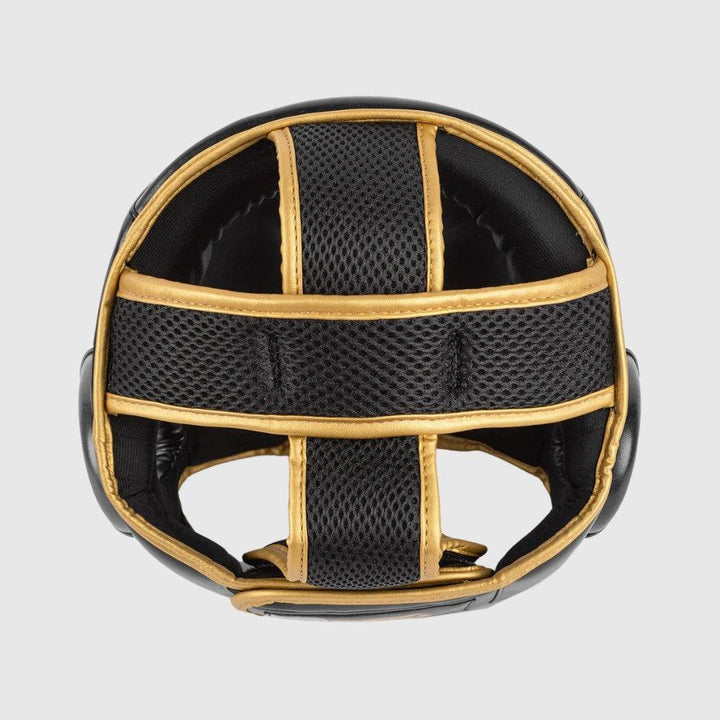 Top-down view of the Venum headgear highlighting breathable mesh panels and gold trim lining.