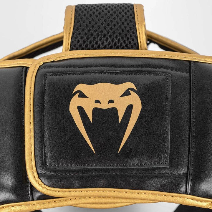 Back view close-up of Venum headgear showing the Venum snake logo centered on the rear padding panel.