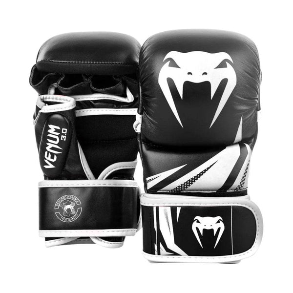 Venum Challenger 3.0 sparring gloves in black and white with large white Venum snakehead logo on the knuckles, padded top, and dual-layered wrist straps with white trim.