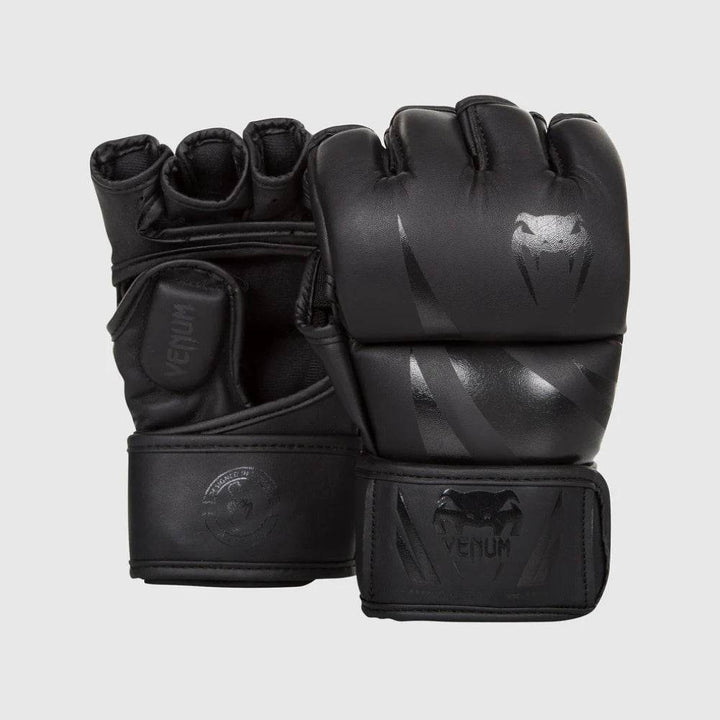 Sleek matte black Challenger MMA gloves with black Venum branding.