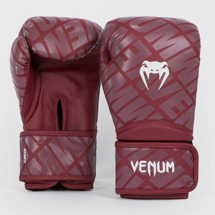 Front and back view of Venum Contender 1.5XT gloves in burgundy and white with diagonal VENUM logo pattern and black Venum logo.
