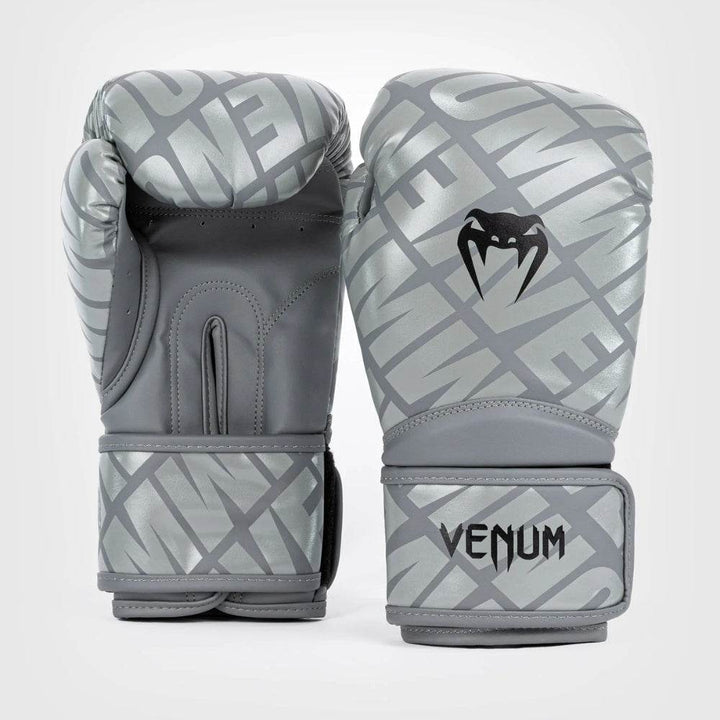 Front and back view of Venum Contender 1.5XT gloves in grey and black with glossy silver VENUM text pattern and black Venum snakehead logo.

