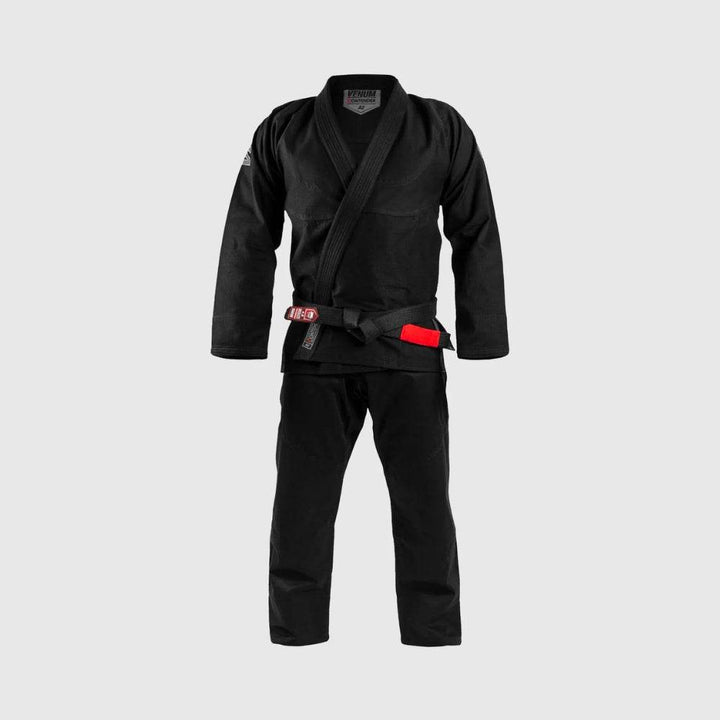 Straight front view of the Venum Contender Evo BJJ Gi laid out on a mannequin, showcasing full jacket and pants with the belt tied at the waist.
