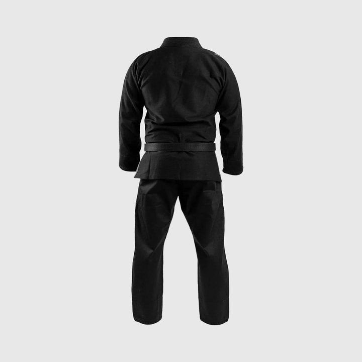 Rear view of the Venum Contender Evo BJJ Gi in black, displaying the minimalistic design of the back panel and trousers.
