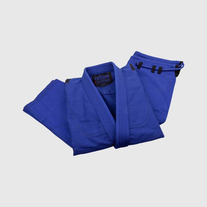 Blue gi jacket and pants laid flat in a folded arrangement, showcasing the color and weave quality.