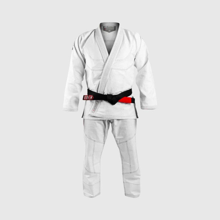 Complete white gi displayed with belt tied and seams visible for fit demonstration.