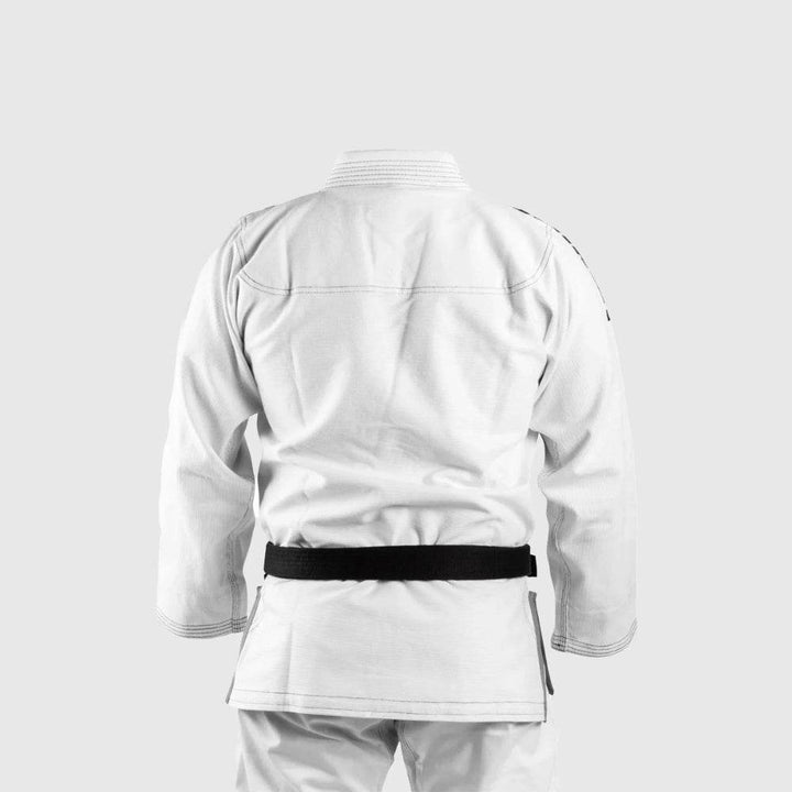 Plain rear view of the white gi, showing reinforced back panel and collar stitching.