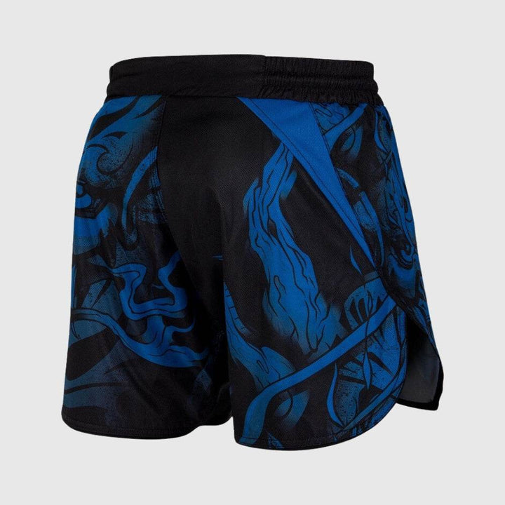 Rear right view of shorts displaying a continuation of the blue Oni graphic with black base, highlighting muscle contours and stylized brush strokes.