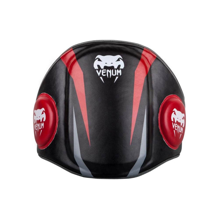 Front view of the Venum Elite Belly Protector in black with red and gray accents, featuring Venum logo at the center and red side targets.