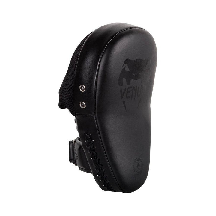 Single black Venum focus mitt, front-facing view showing the centered Venum logo in a matte finish.
