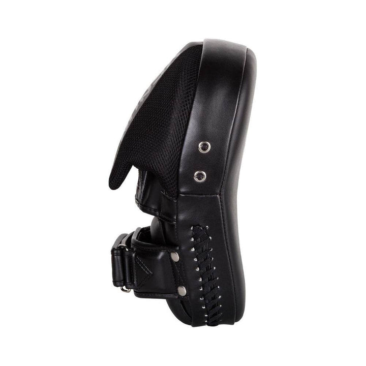 Side view showing the contoured mitt profile with mesh hand cover and dual metal rivets for reinforcement.