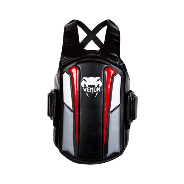 Front view of the Venum Elite Body Protector featuring a black body with red, white, and grey protective panels and the Venum logo centered on the chest.