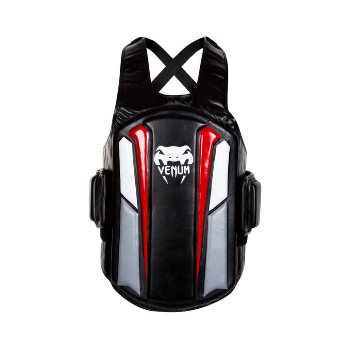 Front view of the Venum Elite Body Protector featuring a black body with red, white, and grey protective panels and the Venum logo centered on the chest.