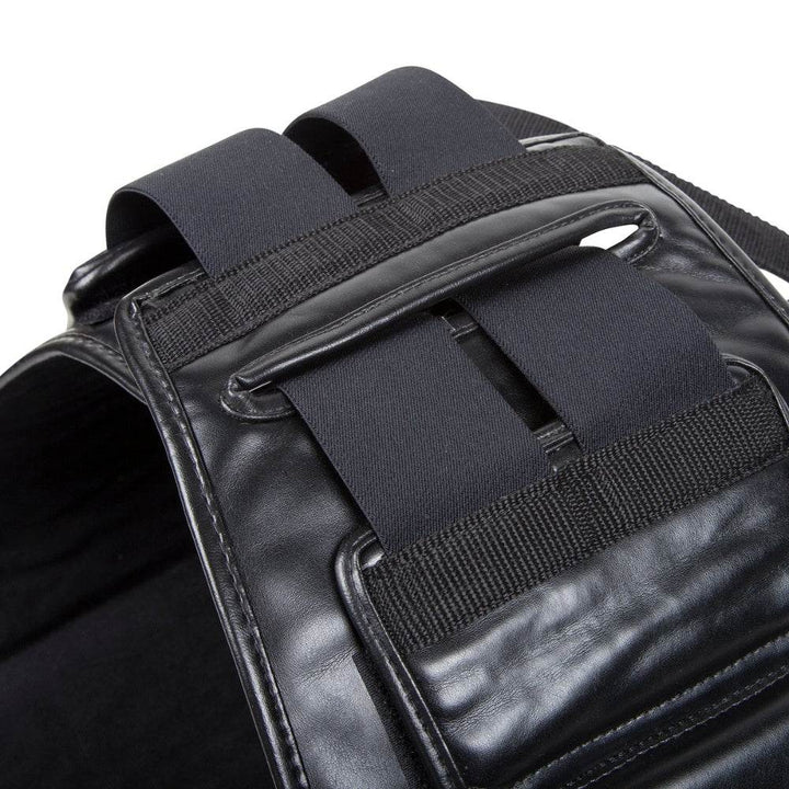 Top rear angle of the Venum Elite Body Protector showing padded reinforcements and dual elastic bands for shoulder support.