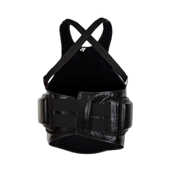 Backside of the Venum Elite Body Protector showing the crisscrossed shoulder straps and wide velcro belt for secure fastening.
