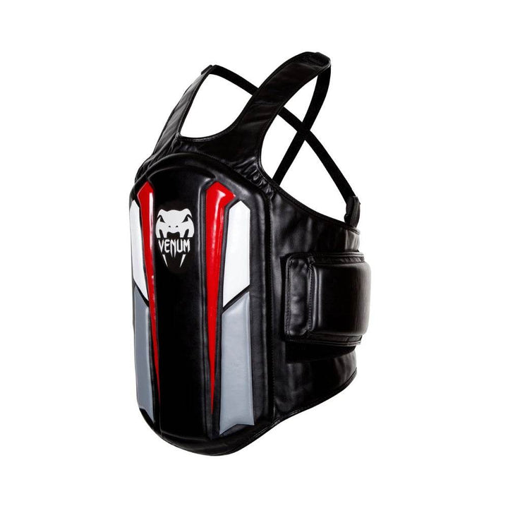 Angled side view of the Venum Elite Body Protector highlighting the contoured fit and side padding for rib protection.