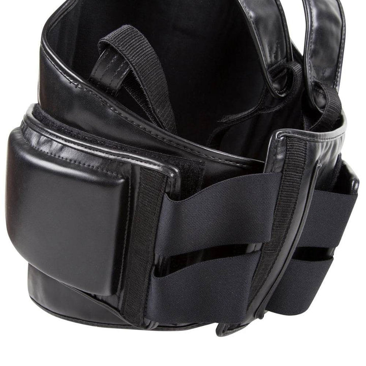Zoomed-in view of the rear elastic and velcro securing bands on the Venum Elite Body Protector for a tight, adjustable fit.