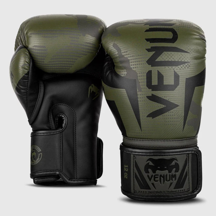 Front and side view of Venum Elite Boxing Gloves in Khaki Camo with olive green camouflage pattern and gold logo detailing.