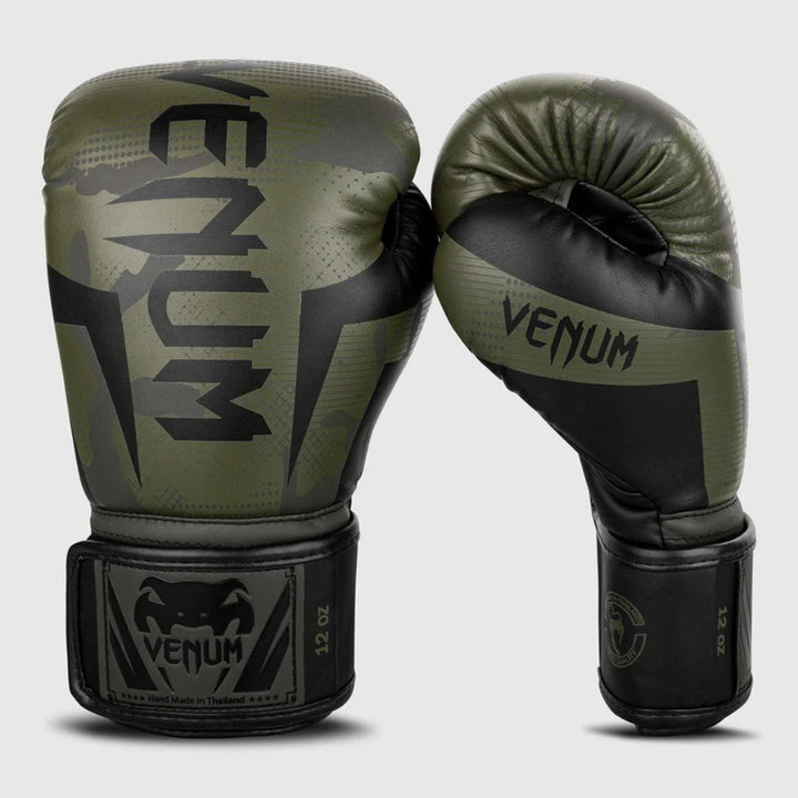 Rear and angled view of Khaki Camo Venum gloves standing upright, showcasing the palm and outer shell with gold “VENUM” branding.