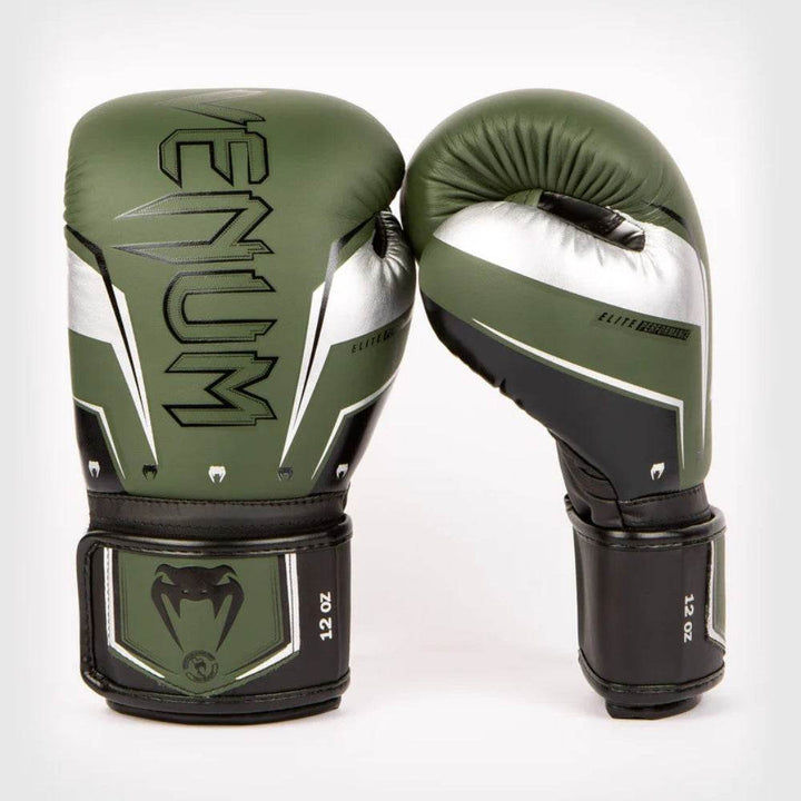 Front & side view of khaki-green Venum Elite Evo gloves with silver motifs.