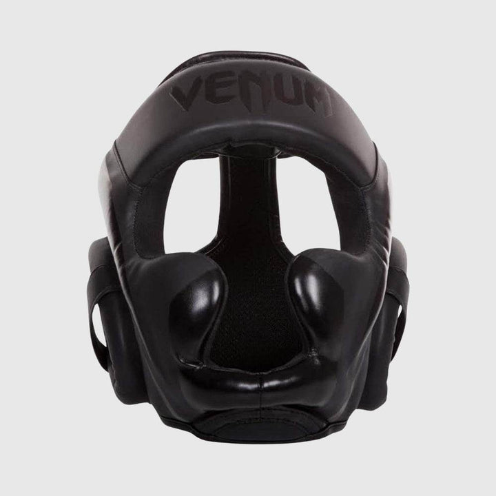 Frontal view of black Elite headgear showing robust cheek and forehead protection.