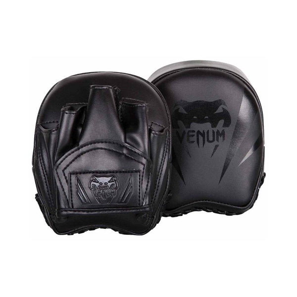 Front and back view of Venum Elite Mini Focus Mitts in blackout colorway, showing curved striking surface and finger glove area.