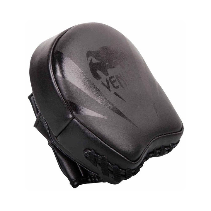 Front close-up of mini mitt displaying matte black surface with Venum snakehead logo in gloss print