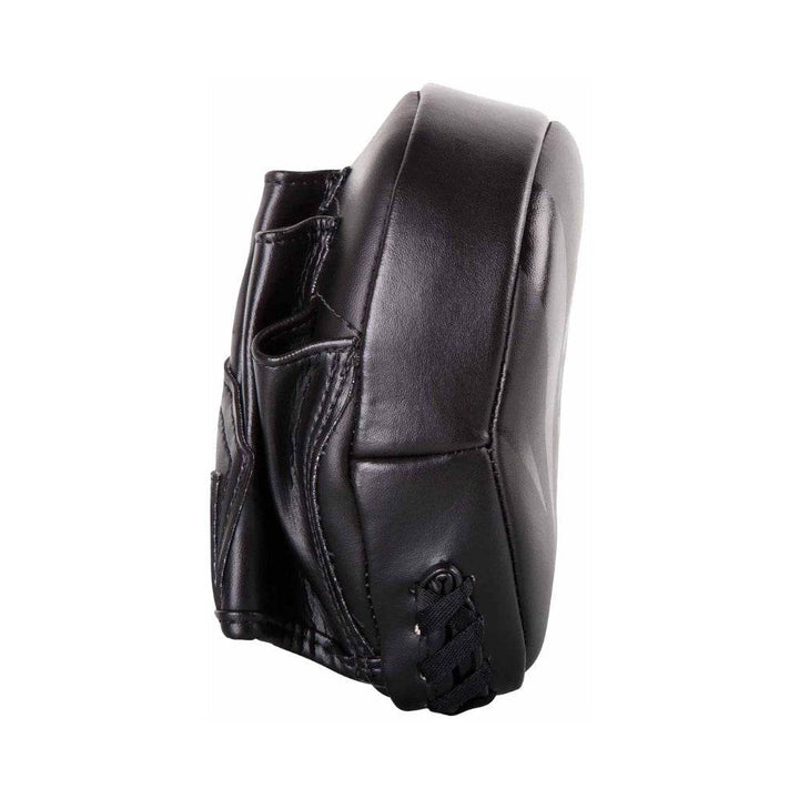 Side view highlighting the mitt’s compact thickness and curved ergonomic profile for trainer use.