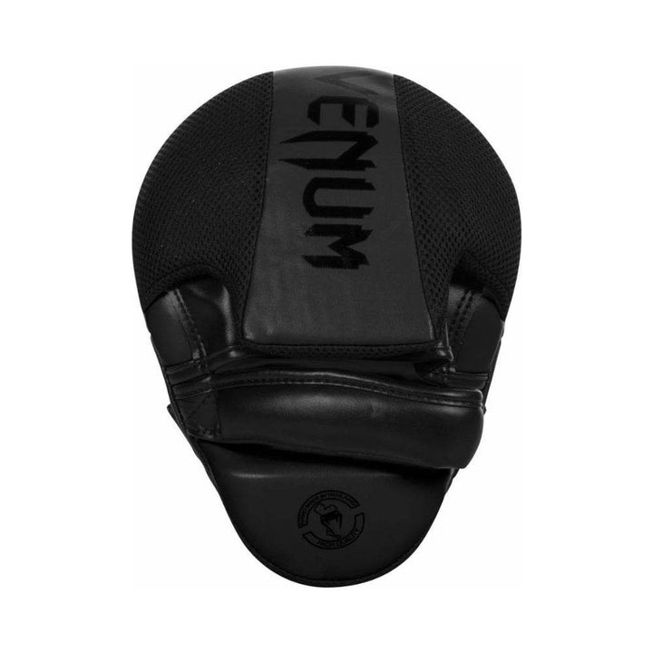 Rear view of a Venum black focus mitt, highlighting the breathable mesh hand cover and adjustable strap with embroidered Venum branding across the back.