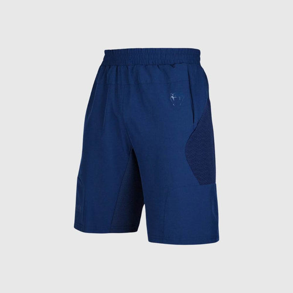 Men's Venum training shorts in solid navy blue with elastic waistband and mesh side panels for ventilation.