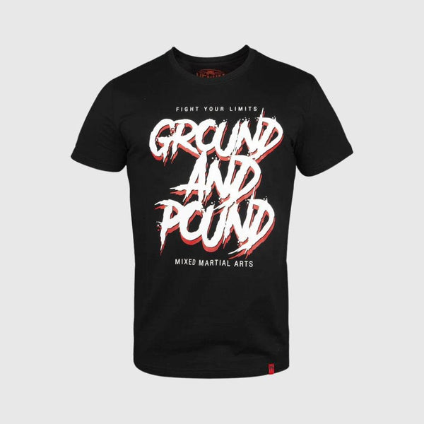 Black Venum t-shirt with bold white and red distressed text reading “GROUND AND POUND” and “FIGHT YOUR LIMITS” across the chest, designed for MMA and combat sports fans.