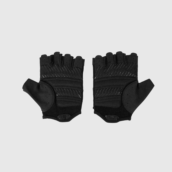Pair of black Venum Performance weightlifting gloves shown from the palm side, displaying textured, padded grip zones for enhanced handling.