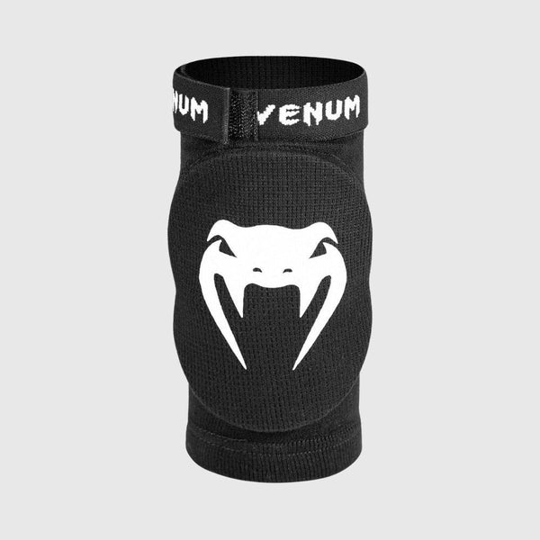 Black Venum elbow protector with a large white Venum snakehead logo on the forearm area, and a secure elastic strap at the top.