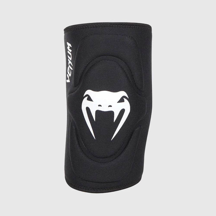 Full front view of the Venum knee pad showcasing the central padded area and bold white Venum logo.