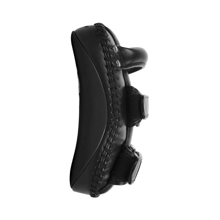 Side view of a single Venum Elite mini focus mitt showing curved ergonomic padding and secure hand grip with hook-and-loop straps.