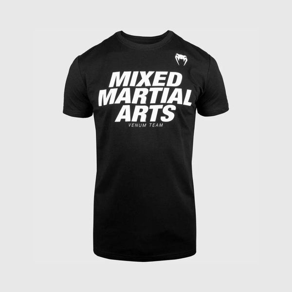 Black Venum t-shirt with large white "Mixed Martial Arts – Venum Team" text and small Venum snake logo on chest.