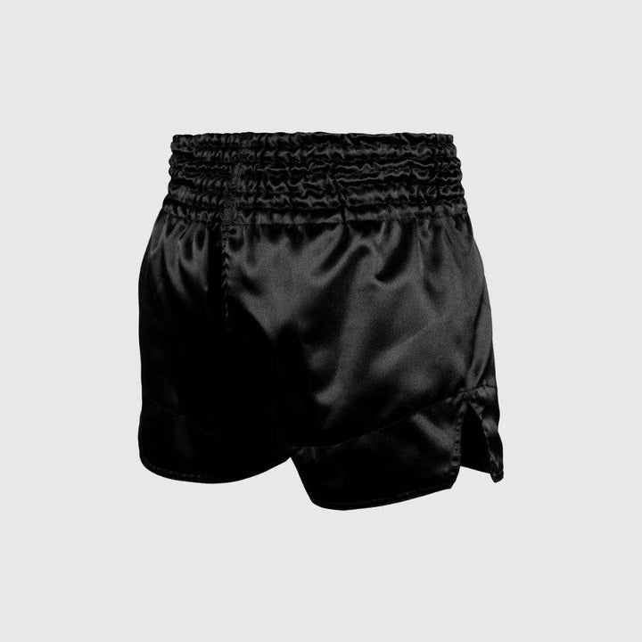 Plain black satin shorts showing ruched waistband and short side slit.