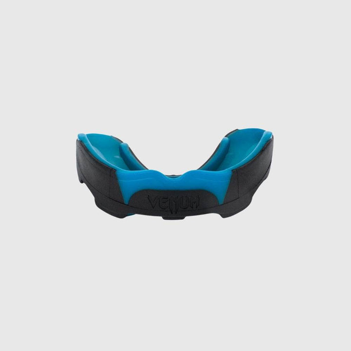 Blue and black Venum Predator mouthguard viewed from the front, showing dual-layered gel padding and the Venum logo at the center.