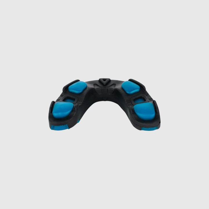 Underside view of the Venum Predator mouthguard, showcasing blue shock-absorbing pads embedded in the black outer frame.