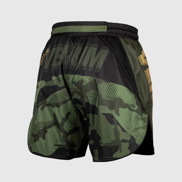 Rear side view of the shorts with Venum print across the back panel and camouflage detail.