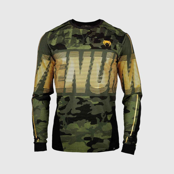 Venum long sleeve t-shirt in green camouflage with bold yellow "VENUM" text across the chest and sleeves.