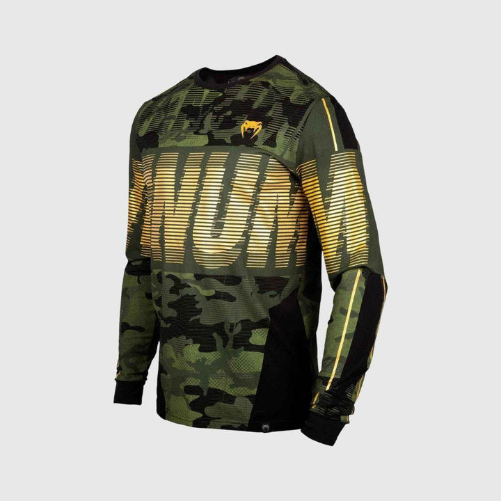 Camo t-shirt with yellow linear Venum branding, shown from a front-side angle.