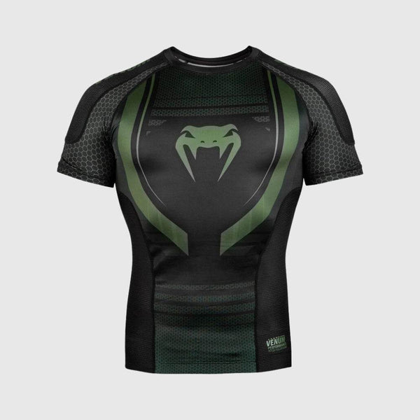 Front view of the Venum short-sleeve rashguard in black with green accents and central snakehead logo design.