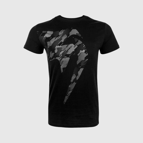 Black t-shirt with a large camo-textured Venum snakehead graphic across the front.