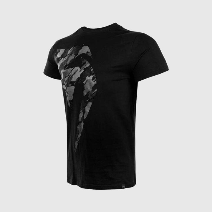 Angled view of the t-shirt showcasing the camo snakehead design wrapping slightly around the side.