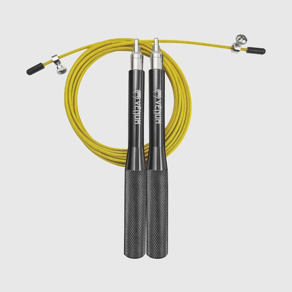 Full view of Venum yellow jump rope with textured black aluminum handles and vibrant yellow cable.