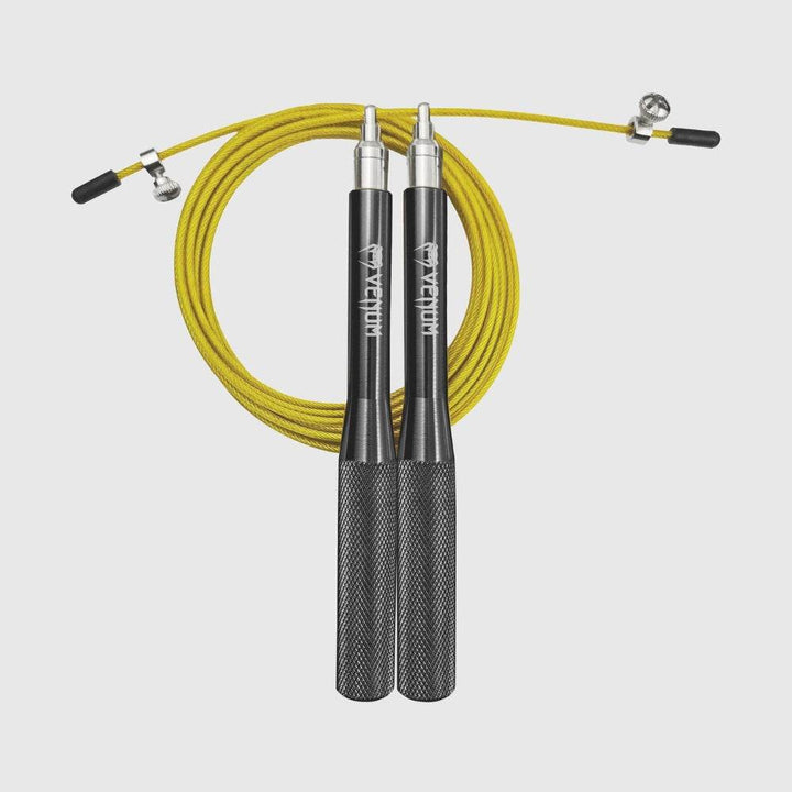 Full view of Venum yellow jump rope with textured black aluminum handles and vibrant yellow cable.