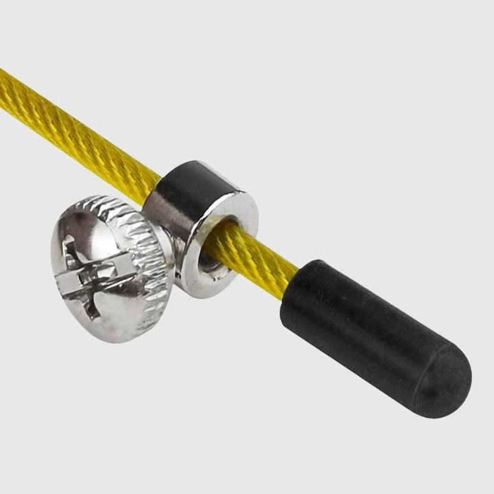 Adjustment stopper at the end of the yellow rope with protective cap.