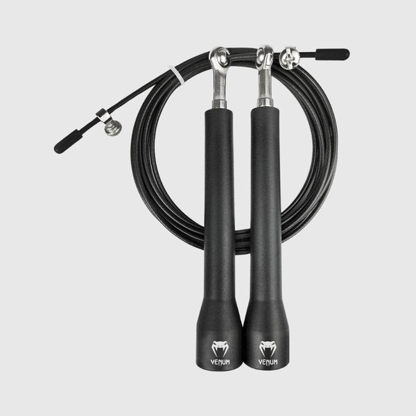 Front view of the Venum speed jump rope featuring black ergonomic handles with white Venum logos and a coiled adjustable black cable.