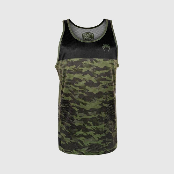 Flat front view of the Venum Training Camp 3.0 tank top showing its green camo pattern and black mesh chest panel.